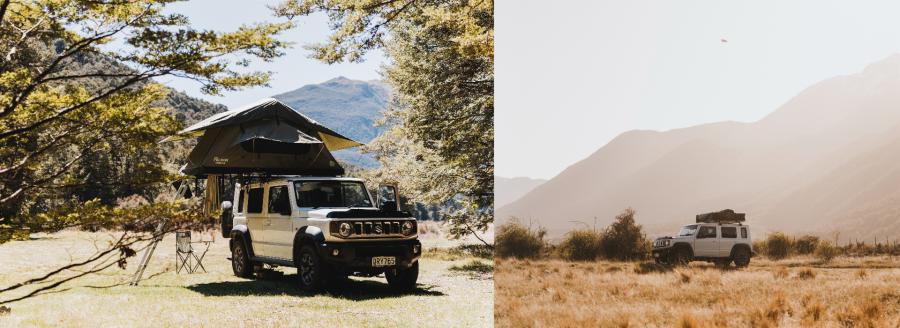 Jimny with rooftop tent and camping gear on the road
